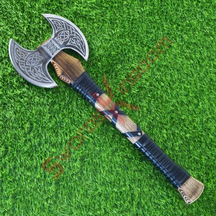 Handmade Double head Viking axe with beautiful leather sheath and wrapping, Long etching Viking Bearded axe 1